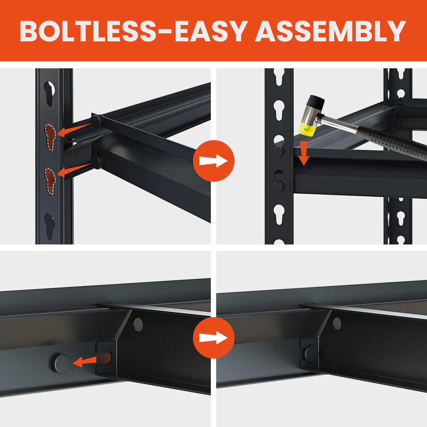 How to Assemble Garage Shelves A person easily assembling a boltless garage shelving unit with a rubber mallet