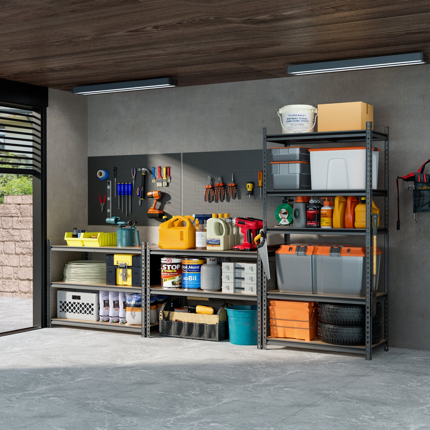 Buy vs Build Garage Shelves A person comparing a DIY wooden shelf with a manufactured metal shelving kit