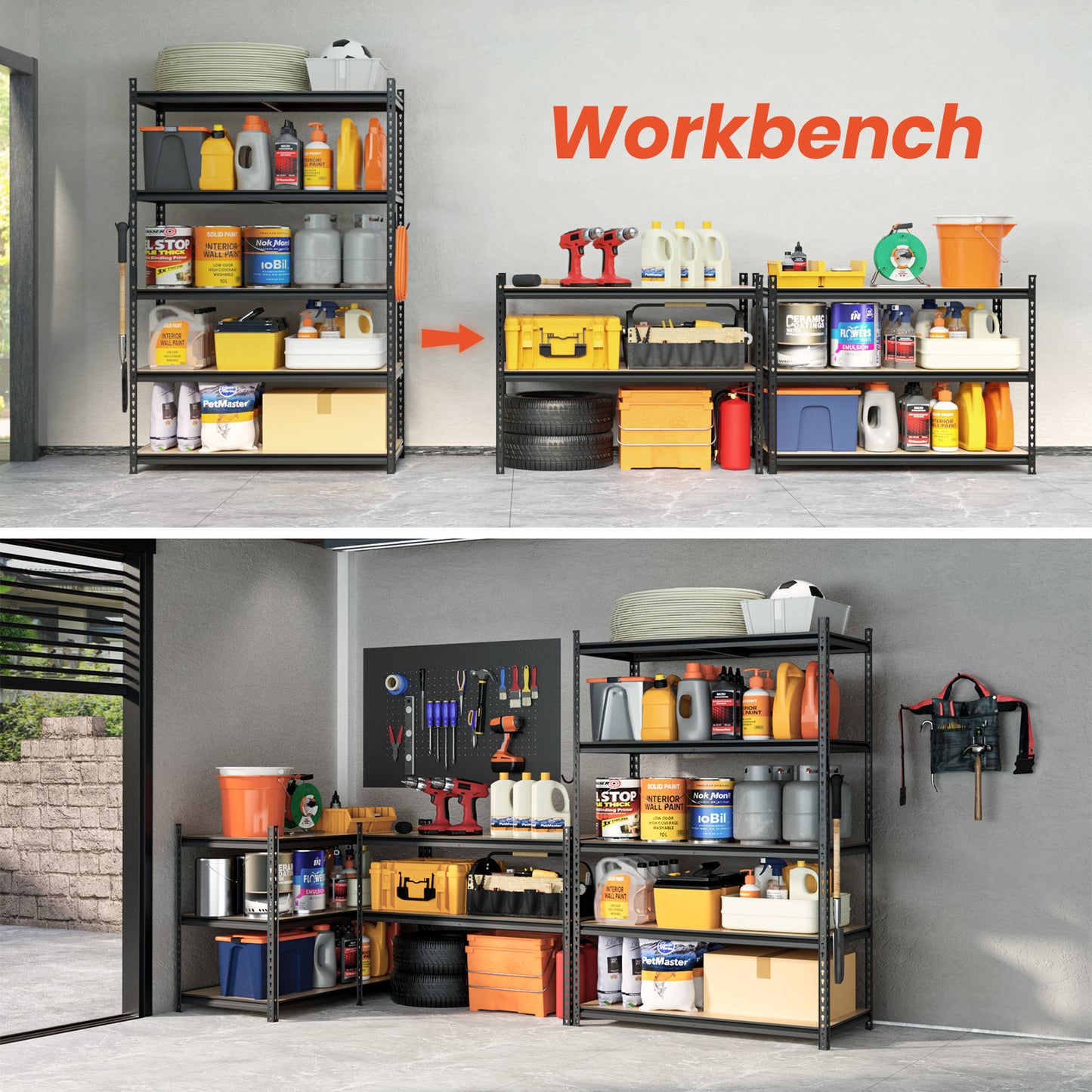 A garage with items neatly sorted into zones on shelves and hanging on walls. A garage with items neatly sorted into zones on shelves and hanging on walls.