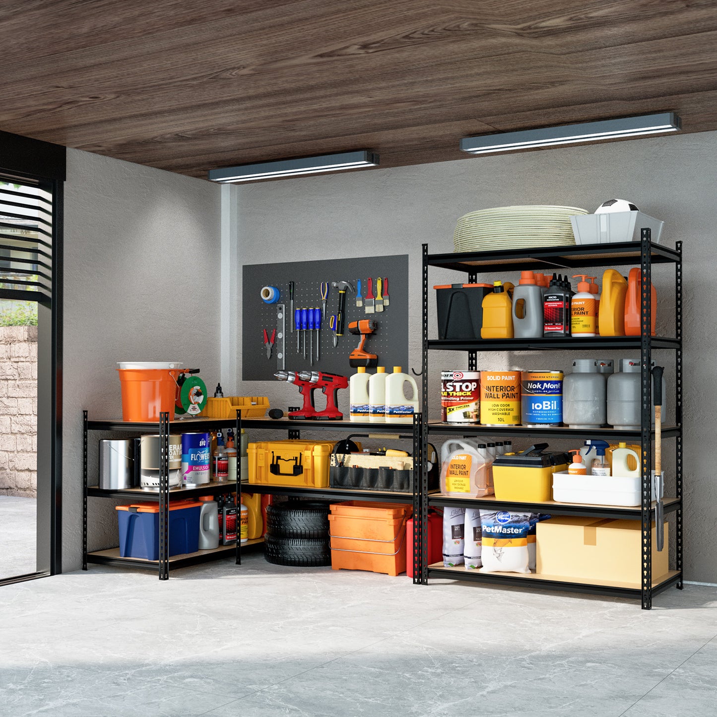 Suitable Garage Shelving Heavy-duty metal garage shelving unit organized with tools and boxes
