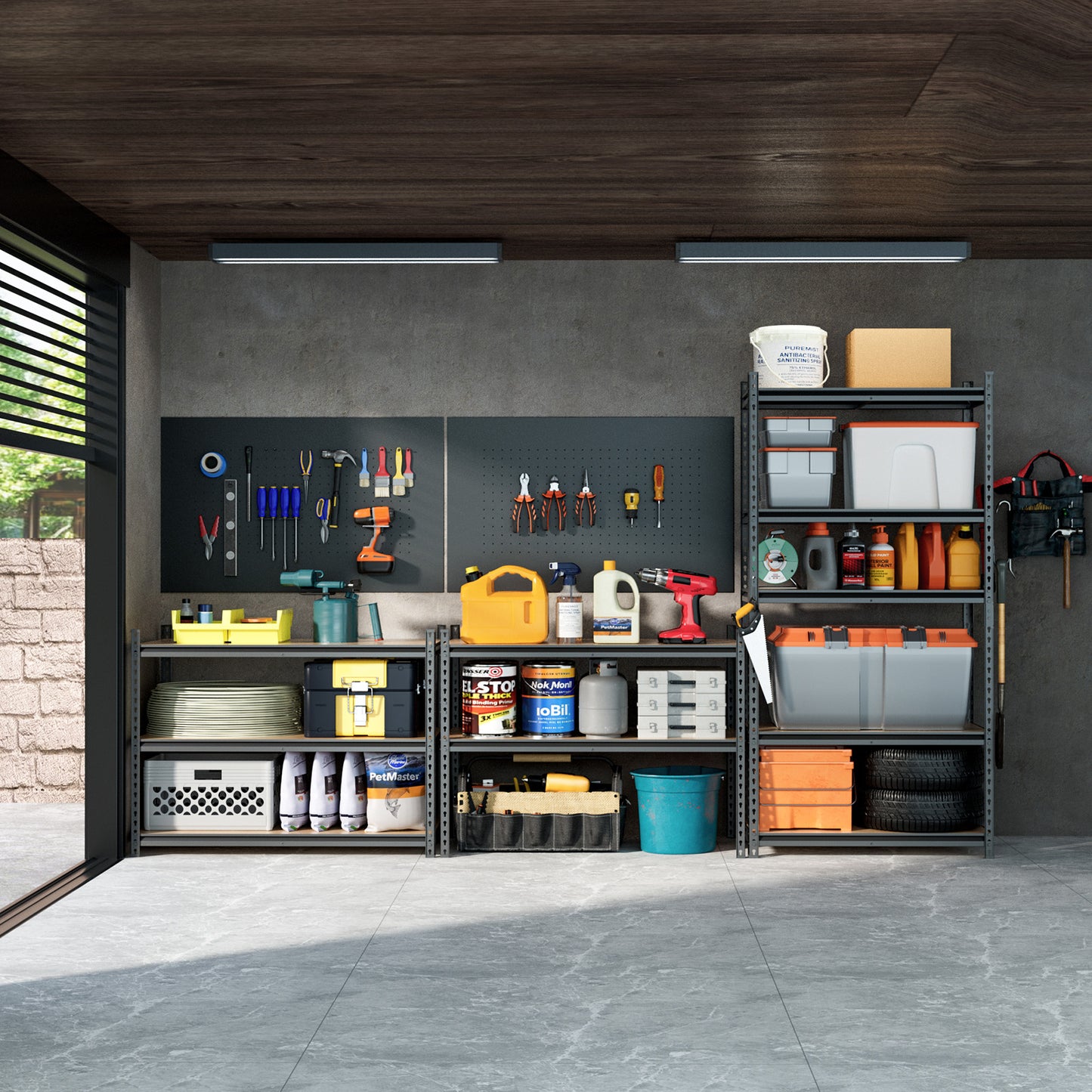 A well-organized garage with sturdy metal garage shelves holding various items in bins and boxes.