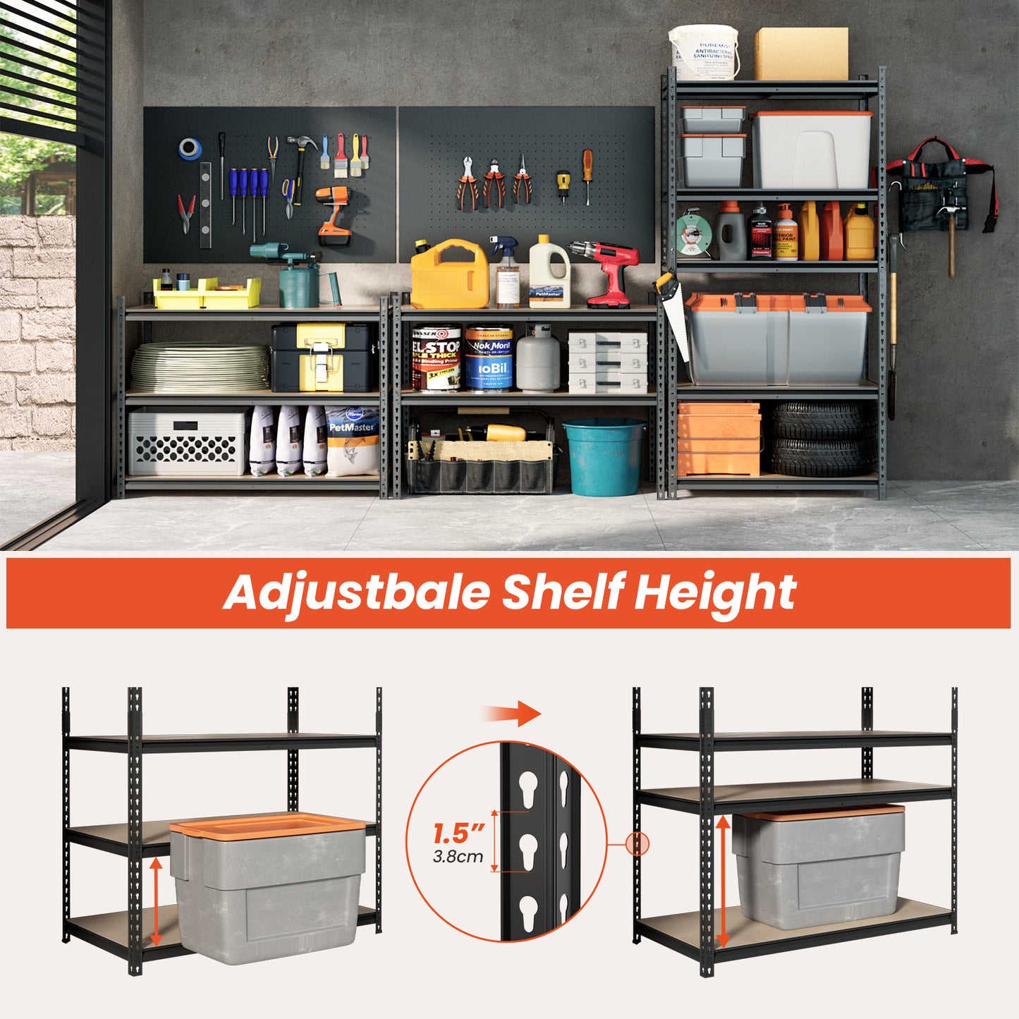 A well-organized garage with sturdy Dynaload garage shelving units.