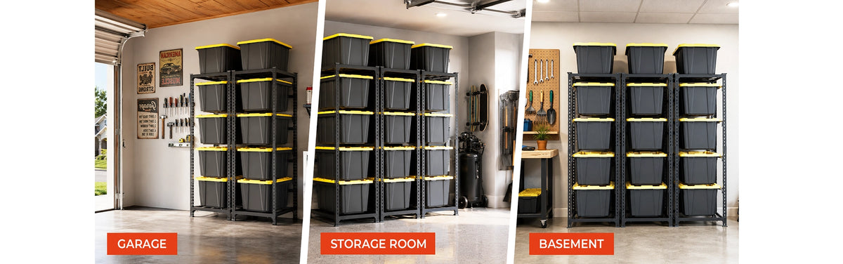 27 gallon tote storage rack for garage, basement, utility room, workshop and home organization
