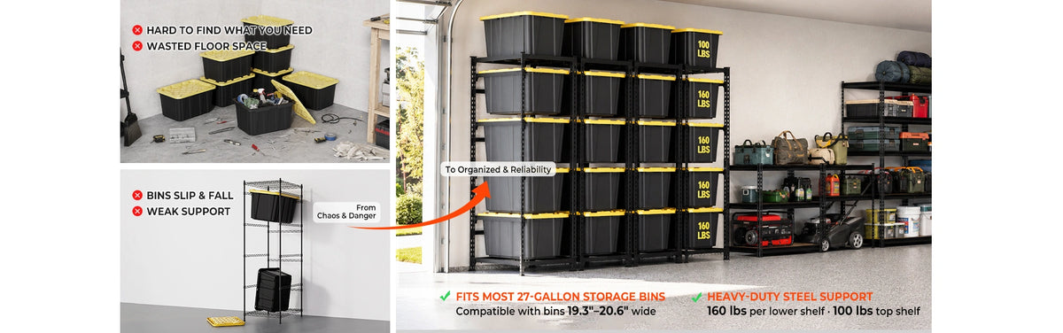 Heavy duty 27 gallon tote rack keeps plastic storage bins organized and secure instead of stacked on the garage floor