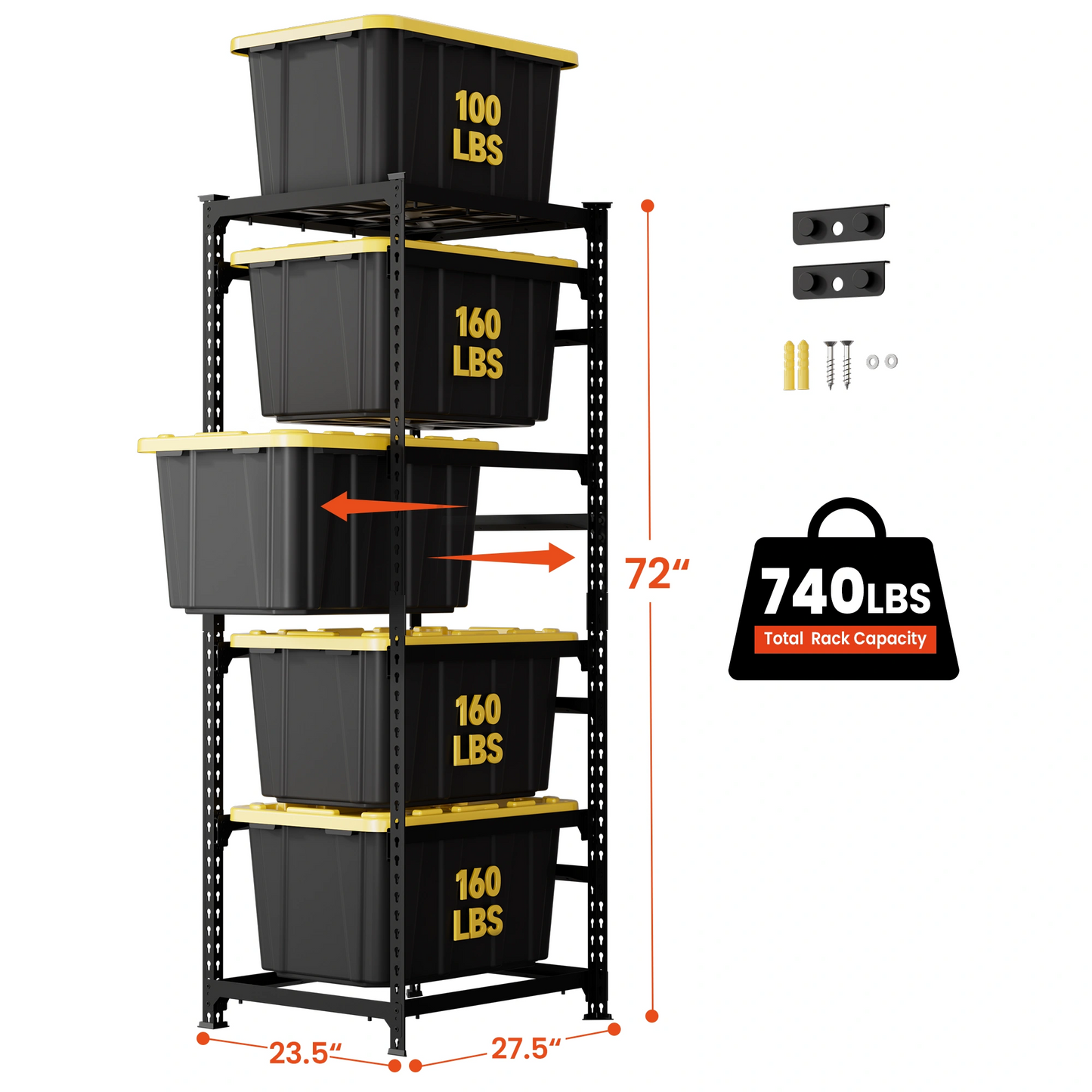 27 gallon tote storage rack with 5 tiers, 740 lb total capacity and sliding tote access for garage storage