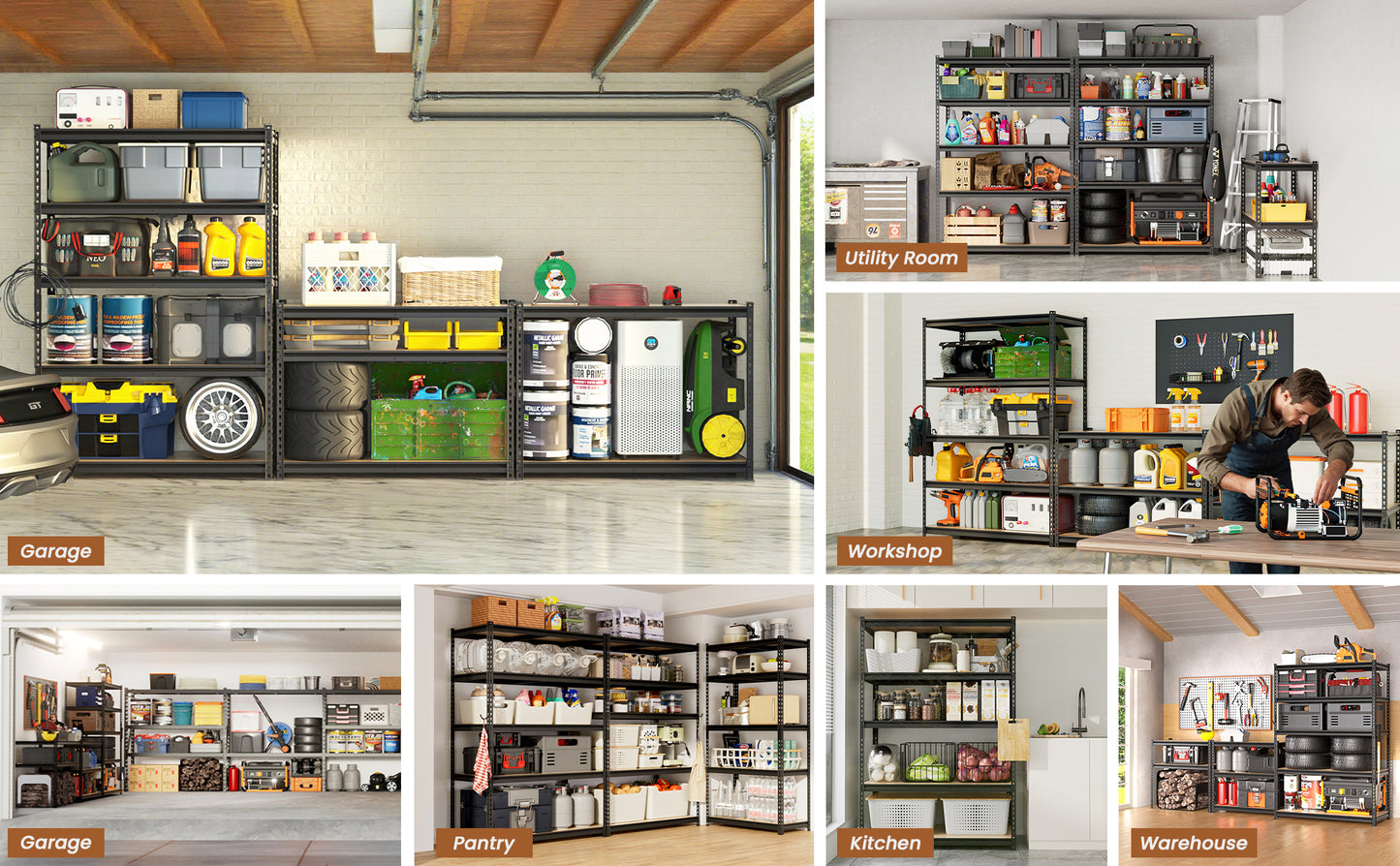 storage shelving rack used in garage basement kitchen and workspace for organization