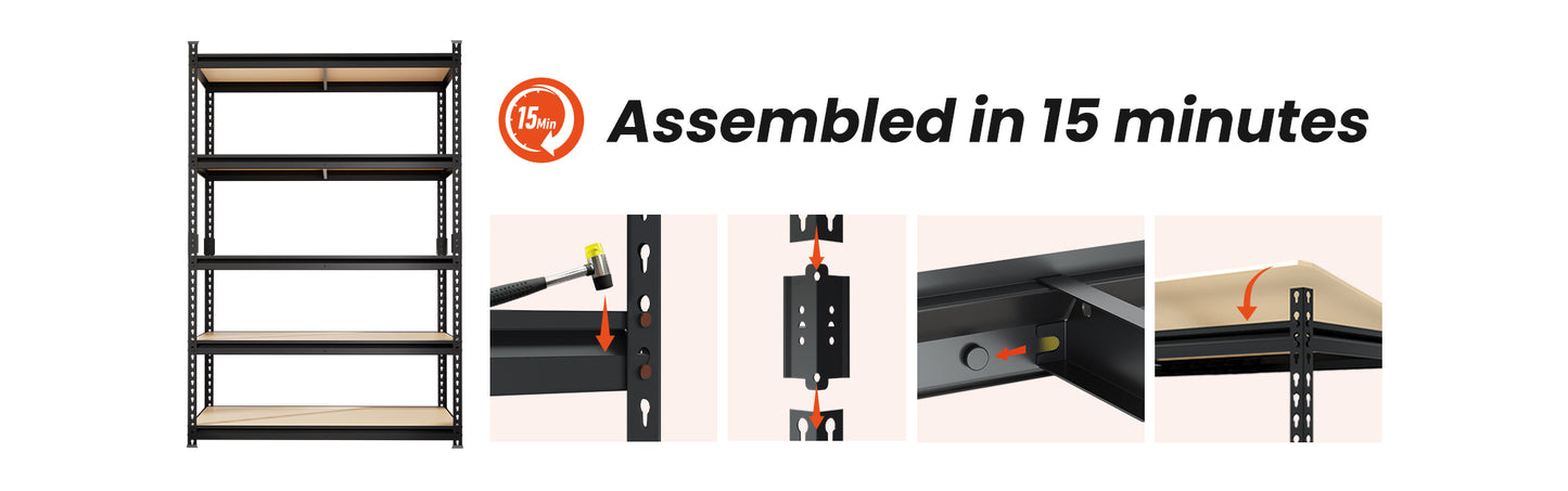 tool-free metal shelving unit designed for fast assembly within 15 minutes using interlocking frame system