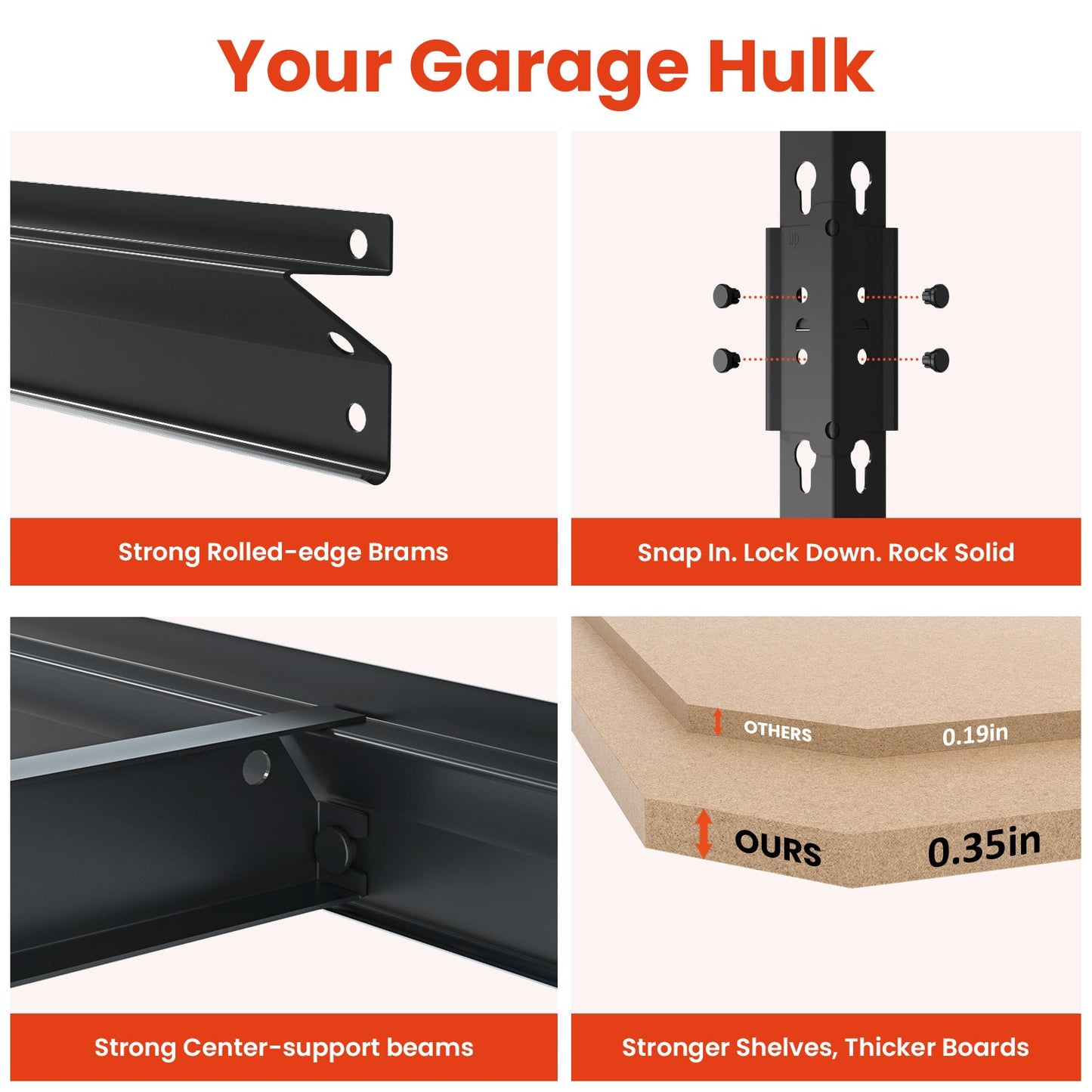 Reinforced steel support bars on DYNALOAD 5-Tier Garage Shelving 48
