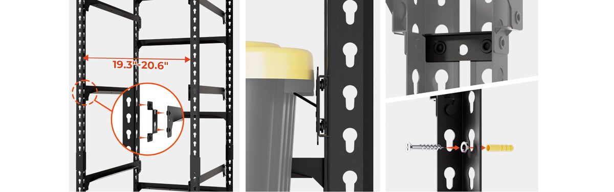 27 gallon tote rack with adjustable steel supports, reinforced crossbars, connecting hardware and wall anchors