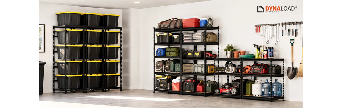 Garage storage system combining 27 gallon tote racks and heavy duty shelving for organized storage